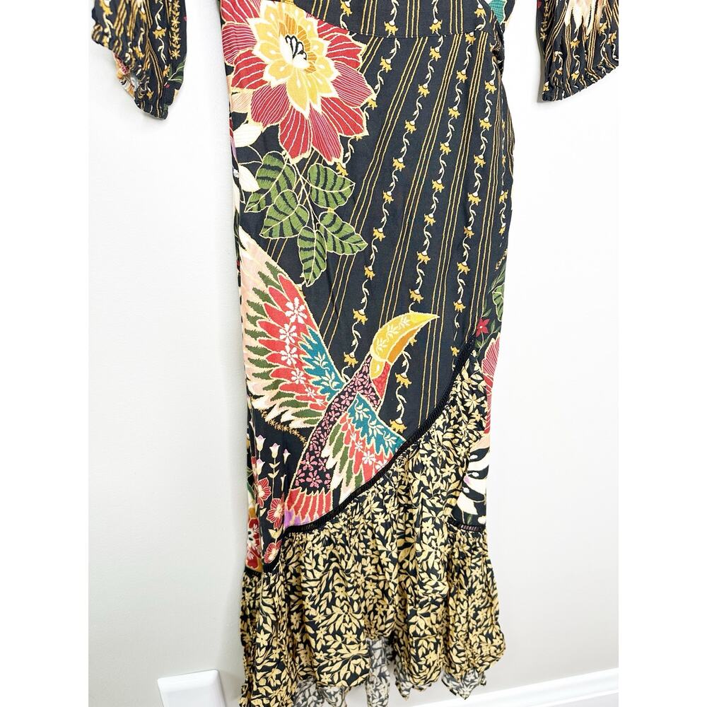Farm Rio Anthropologie Black Tropical Floral Wrap Maxi Dress Medium - Picture 5 of 9